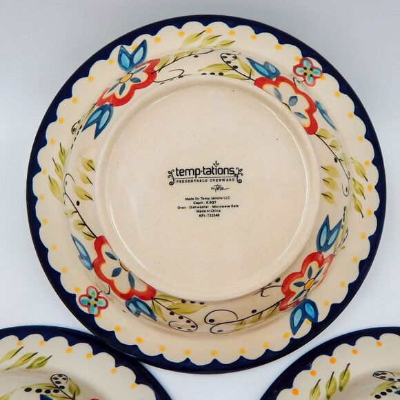 Temptations By Tara Capri Pasta Bowl Blue Wide-Rimmed 9 In Floral .5 Qt Set Of 3 - Picture 9 of 9